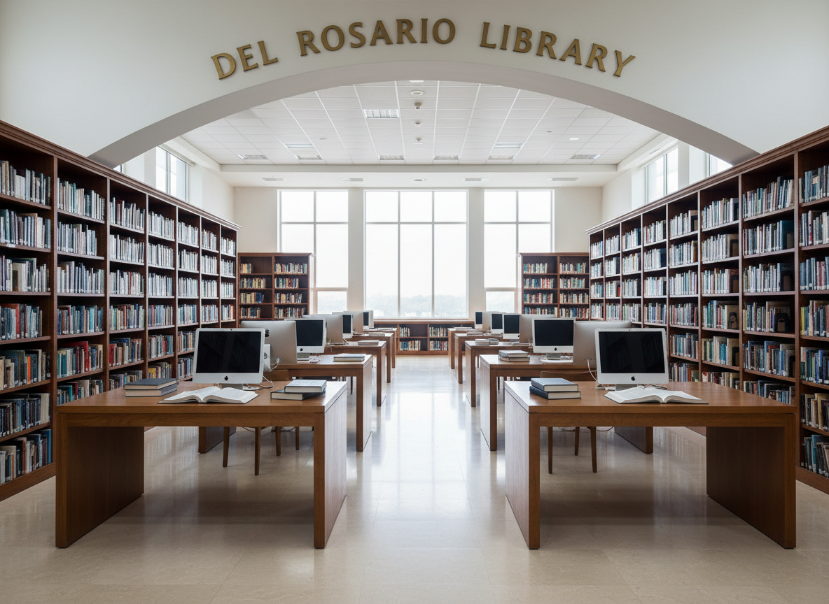 A wide, panoramic view of a modern academic library reading room labeled “Del Rosario Library,” lined with tall wooden shelves filled with meticulously arranged books in varied muted colors. In the center, long oak study tables hold neatly stacked hardcovers, a few open reference volumes, and sleek desktop computers in sleep mode. Large floor-to-ceiling windows along one wall reveal a soft, overcast sky, allowing diffused natural light to gently wash the space, creating subtle reflections on the polished floor. The atmosphere is calm, orderly, and highly professional. Captured at eye level with sharp focus throughout, the photographic realism emphasizes clean lines, symmetry, and clarity, with a balanced composition that highlights both traditional print materials and digital resources without any human presence.