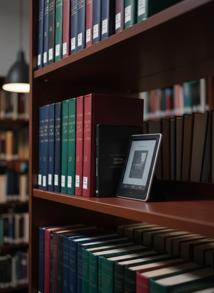 A close-up, photographic view of a polished wooden library shelf in Del Rosario Library, filled with an organized row of hardcover books in deep blues, burgundies, and forest greens, their gold-embossed titles clearly legible. Between the books rests a slim black DVD case and a sleek eReader displaying a grayscale book cover, both emphasizing multiple media formats. Soft, warm pendant lighting from above casts gentle highlights on the book spines and delicate shadows in the shelf recesses. The background falls into a subtle bokeh of additional shelves, reinforcing the depth of the collection. Shot at a slight angle using shallow depth of field, the mood is studious and professional, conveying the breadth of physical and digital offerings available at the library.