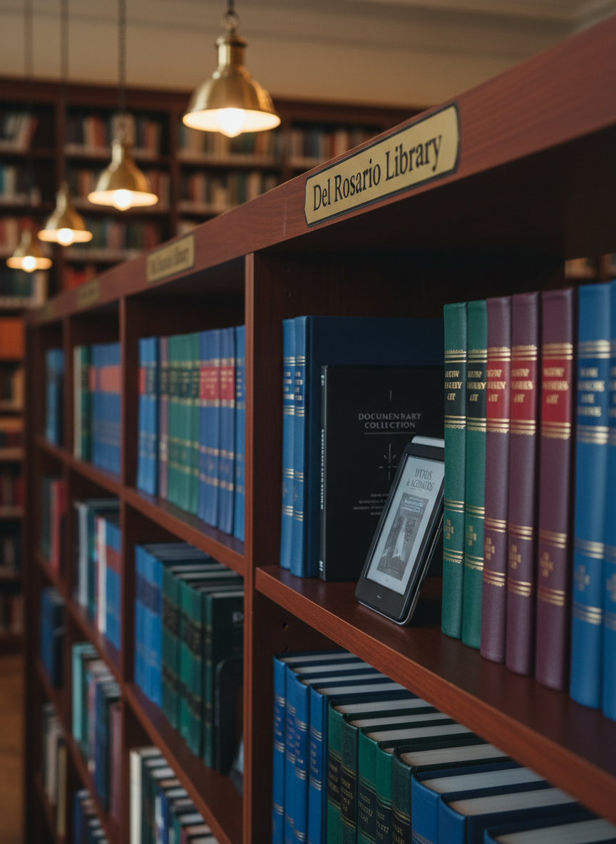A close-up, photographic view of a polished wooden library shelf in Del Rosario Library, filled with an organized row of hardcover books in deep blues, burgundies, and forest greens, their gold-embossed titles clearly legible. Between the books rests a slim black DVD case and a sleek eReader displaying a grayscale book cover, both emphasizing multiple media formats. Soft, warm pendant lighting from above casts gentle highlights on the book spines and delicate shadows in the shelf recesses. The background falls into a subtle bokeh of additional shelves, reinforcing the depth of the collection. Shot at a slight angle using shallow depth of field, the mood is studious and professional, conveying the breadth of physical and digital offerings available at the library.