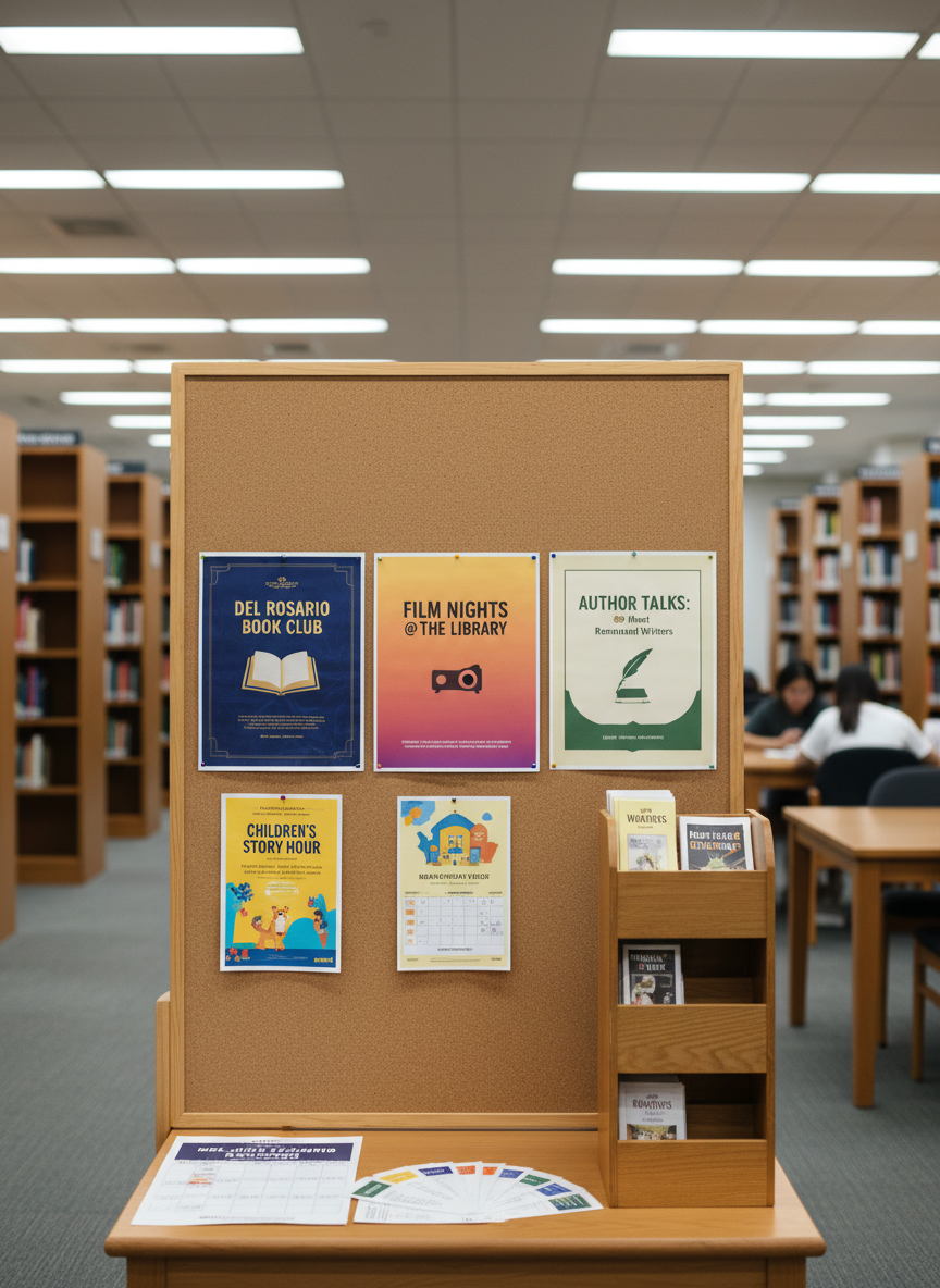 An inviting program and event display area within Del Rosario Library, centered on a large, freestanding corkboard and adjacent brochure stand. The corkboard holds a carefully arranged collection of colorful but professional posters and flyers advertising book clubs, film nights, author talks, and children’s story hours, all with clear typography and restrained design. At the base, neatly stacked printed calendars and program guides are fanned out on a small table. Soft, even overhead library lighting creates a well-lit, approachable space without dramatic shadows. The scene is captured at eye level with moderate depth of field, keeping all program materials in crisp focus while the distant shelves blur slightly. The photographic style and calm, organized composition emphasize accessibility and the rich variety of library programs.