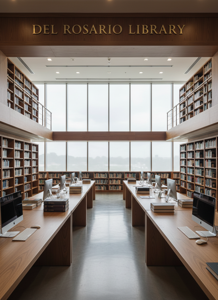 A wide, panoramic view of a modern academic library reading room labeled “Del Rosario Library,” lined with tall wooden shelves filled with meticulously arranged books in varied muted colors. In the center, long oak study tables hold neatly stacked hardcovers, a few open reference volumes, and sleek desktop computers in sleep mode. Large floor-to-ceiling windows along one wall reveal a soft, overcast sky, allowing diffused natural light to gently wash the space, creating subtle reflections on the polished floor. The atmosphere is calm, orderly, and highly professional. Captured at eye level with sharp focus throughout, the photographic realism emphasizes clean lines, symmetry, and clarity, with a balanced composition that highlights both traditional print materials and digital resources without any human presence.