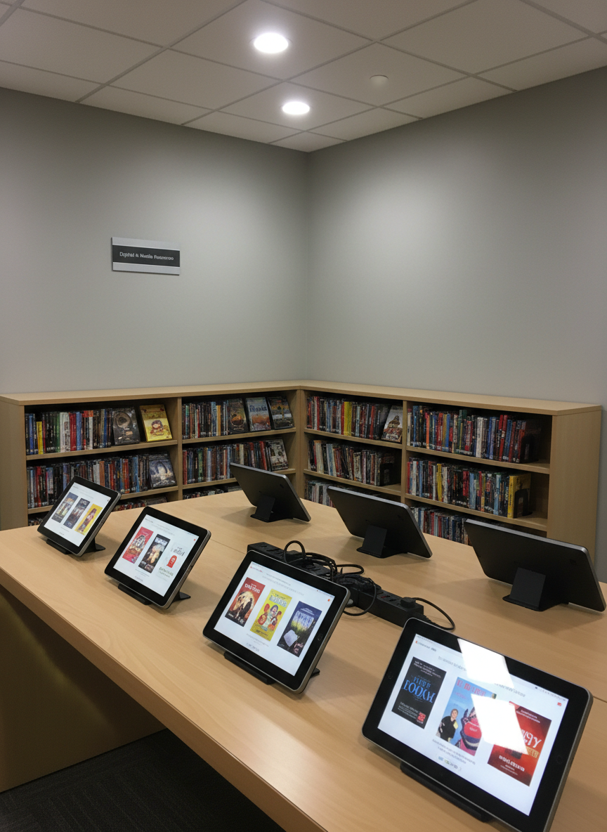 A dedicated digital media corner in Del Rosario Library, featuring a sturdy, light-wood table supporting a row of modern tablets and eReaders displaying colorful eBook covers on their screens. Behind them, a low shelf holds neatly arranged DVD cases with clearly visible labels and varied, vibrant artwork. Overhead, recessed ceiling lights provide bright yet soft illumination, reflecting gently off the devices’ glass screens without harsh glare. The walls are painted a calm, neutral gray, with a small, framed sign reading “Digital & Media Resources.” Captured from a slightly elevated angle with sharp focus, the photographic realism highlights clean cable management, organized devices, and an atmosphere that is both high-tech and welcoming, underscoring the library’s commitment to multiple formats of learning.