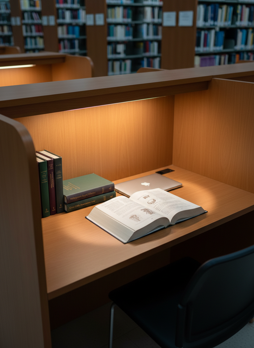 A quiet study nook in Del Rosario Library designed for focused work, featuring an individual wooden carrel with high side panels, a built-in warm LED task light, and a single open textbook beside a closed laptop. A small stack of neatly arranged reference books sits at one corner, their cloth covers in muted academic tones. Behind the carrel, blurred shelves of books suggest depth and additional resources. The task light creates a focused pool of warm illumination on the workspace, while softer ambient lighting keeps the surroundings visible but unobtrusive. Photographed from a slightly elevated three-quarter angle, the composition centers the carrel, conveying privacy, concentration, and professional seriousness. The realistic, clean aesthetic reflects a modern library environment dedicated to quiet study without any people present.