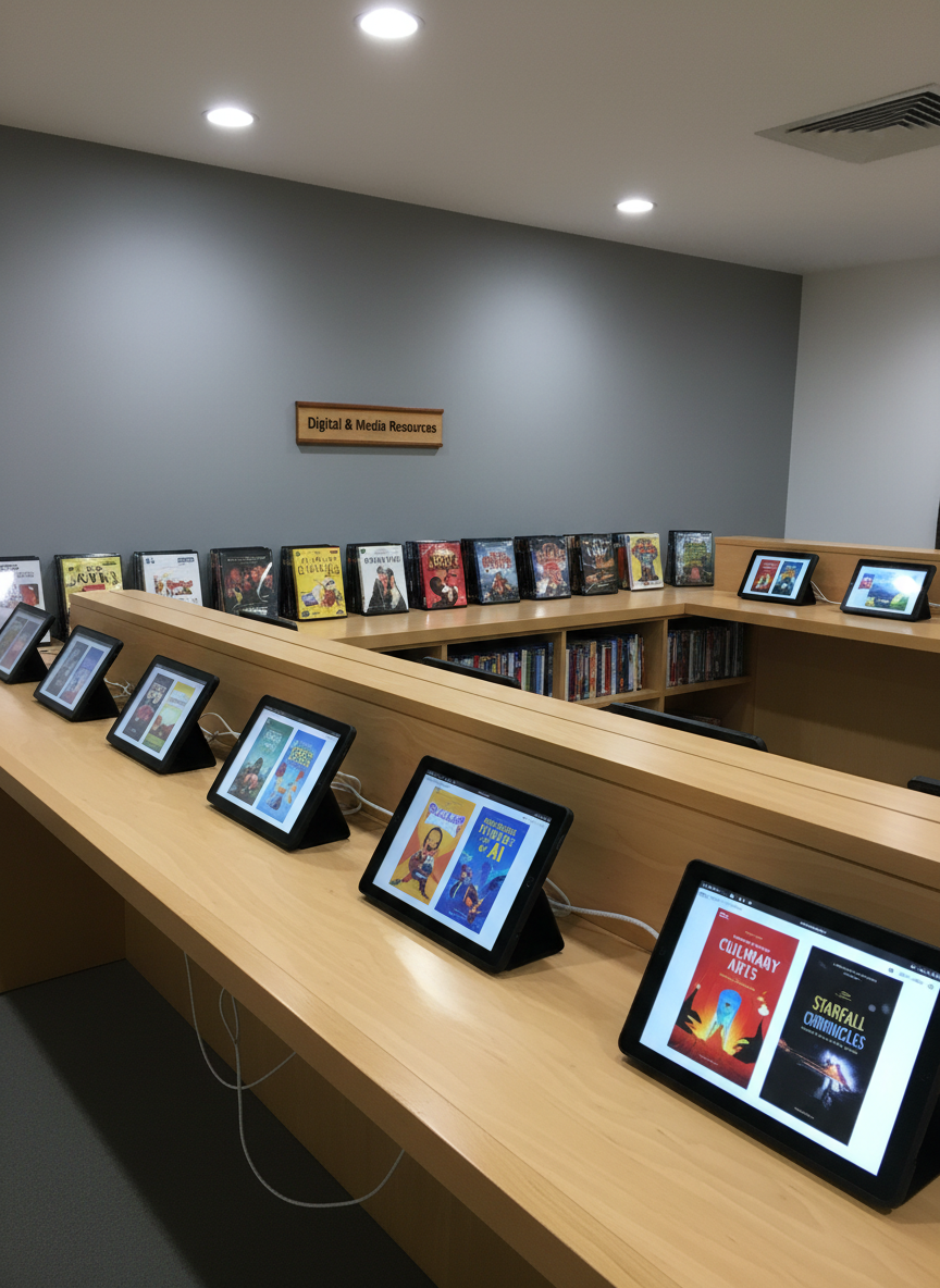 A dedicated digital media corner in Del Rosario Library, featuring a sturdy, light-wood table supporting a row of modern tablets and eReaders displaying colorful eBook covers on their screens. Behind them, a low shelf holds neatly arranged DVD cases with clearly visible labels and varied, vibrant artwork. Overhead, recessed ceiling lights provide bright yet soft illumination, reflecting gently off the devices’ glass screens without harsh glare. The walls are painted a calm, neutral gray, with a small, framed sign reading “Digital & Media Resources.” Captured from a slightly elevated angle with sharp focus, the photographic realism highlights clean cable management, organized devices, and an atmosphere that is both high-tech and welcoming, underscoring the library’s commitment to multiple formats of learning.
